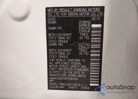 2017 Nissan Rogue Sv z USA, uszkodzony, nr VIN KNMAT2MTXHP556704